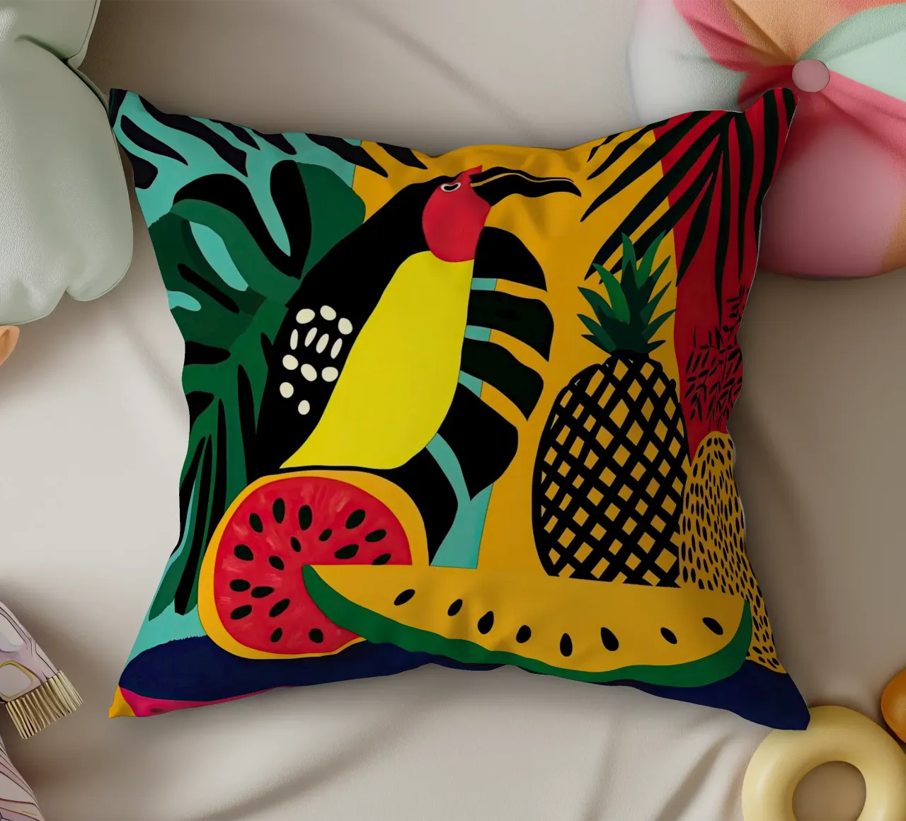 Natura morta tropicale con frutta e tucano cuscino da Autofocus