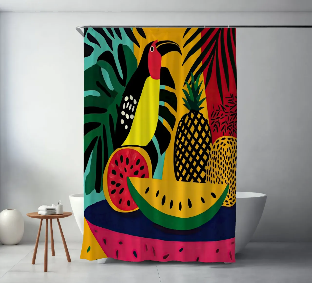 Natura morta tropicale con frutta e tucano tenda da doccia da Autofocus