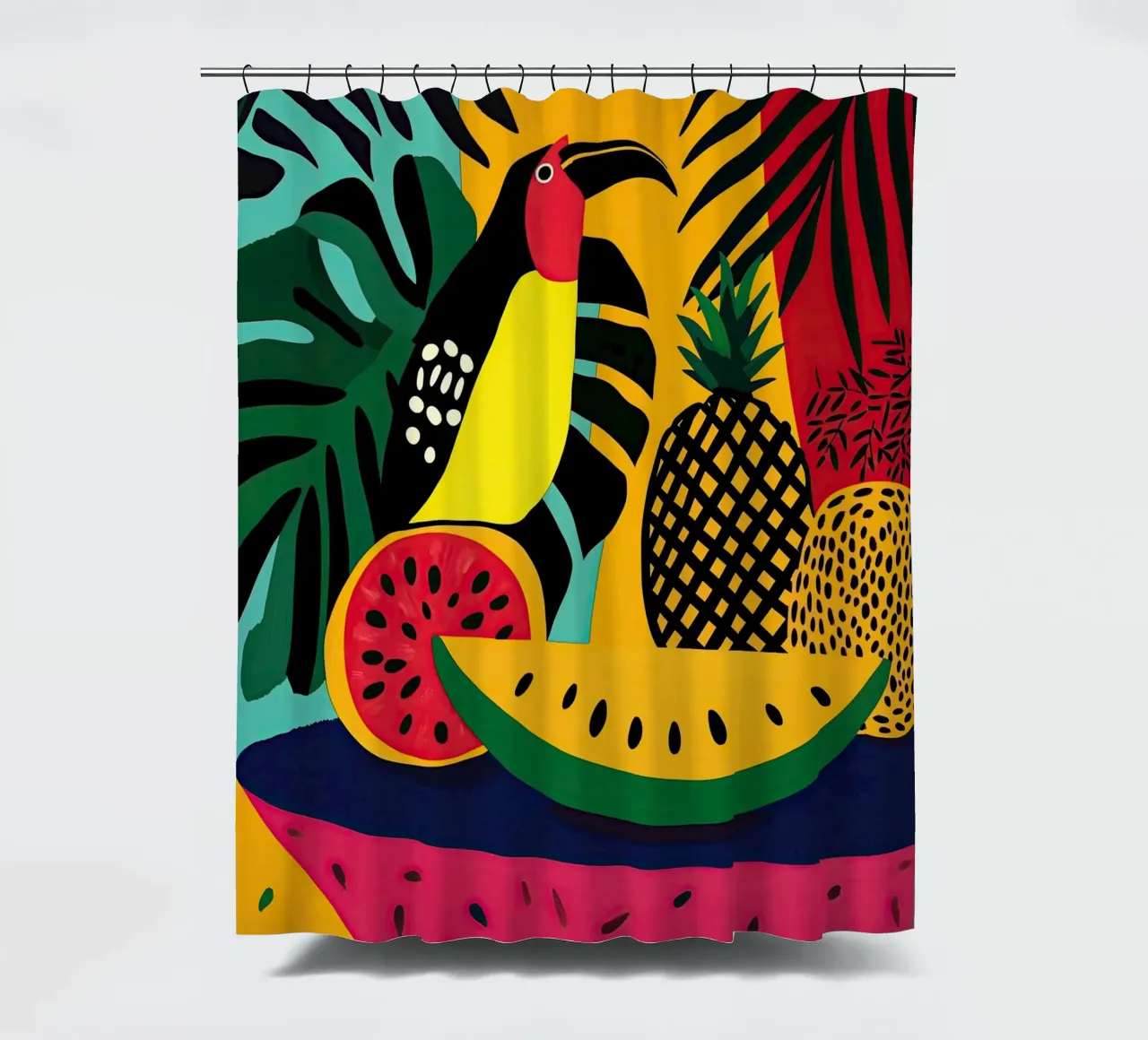 Natura morta tropicale con frutta e tucano tenda da doccia da Autofocus