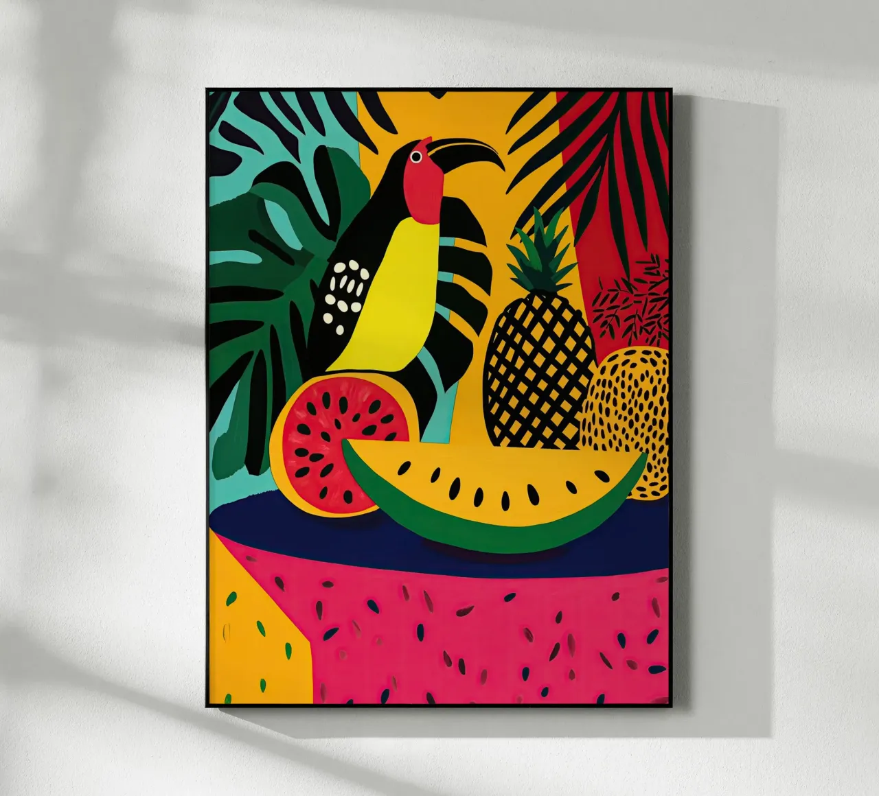 Natura morta tropicale con frutta e tucano plexiglass da Autofocus