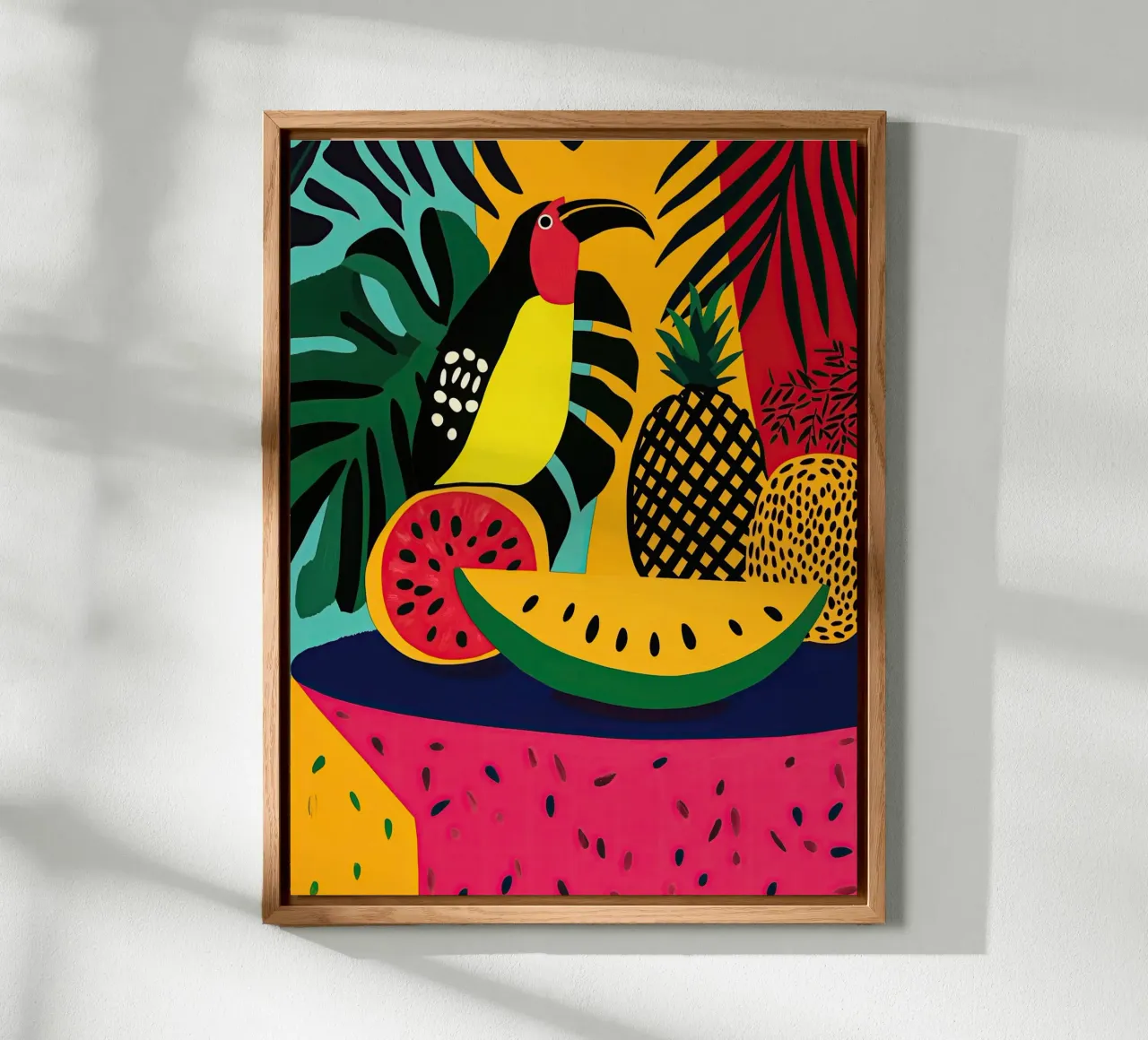 Natura morta tropicale fauvista con frutta e tucano alluminio dibond da Autofocus