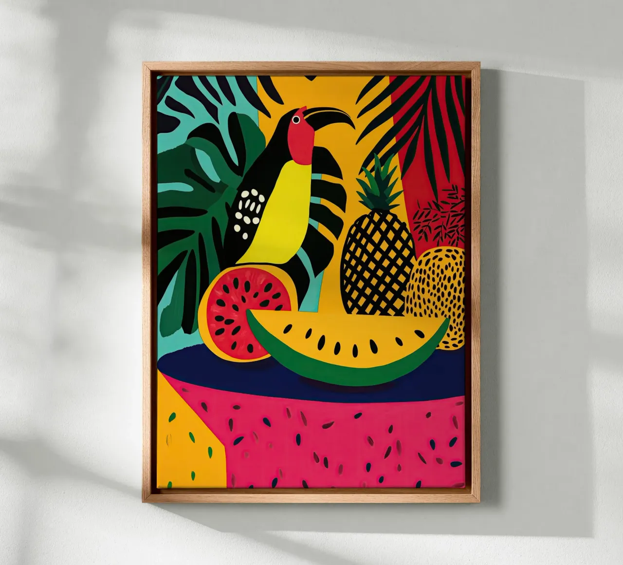 Fauvist tropical still life with fruit and toucan canvas with Floater frame by Autofocus