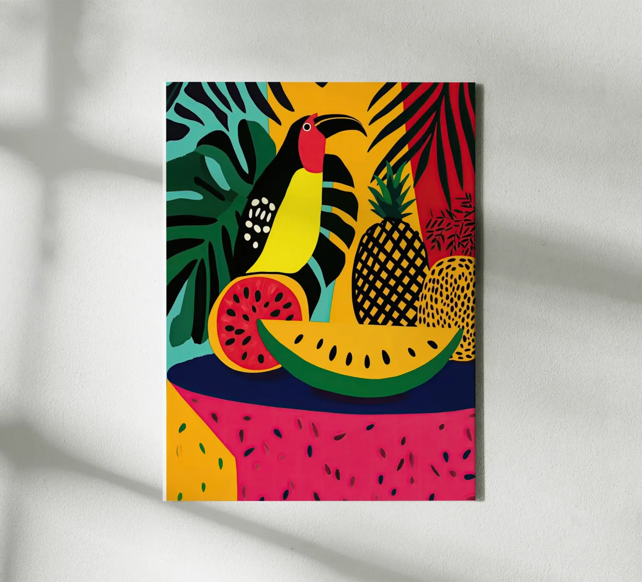 Fauvist tropical still life with fruit and toucan canvas with Floater frame by Autofocus