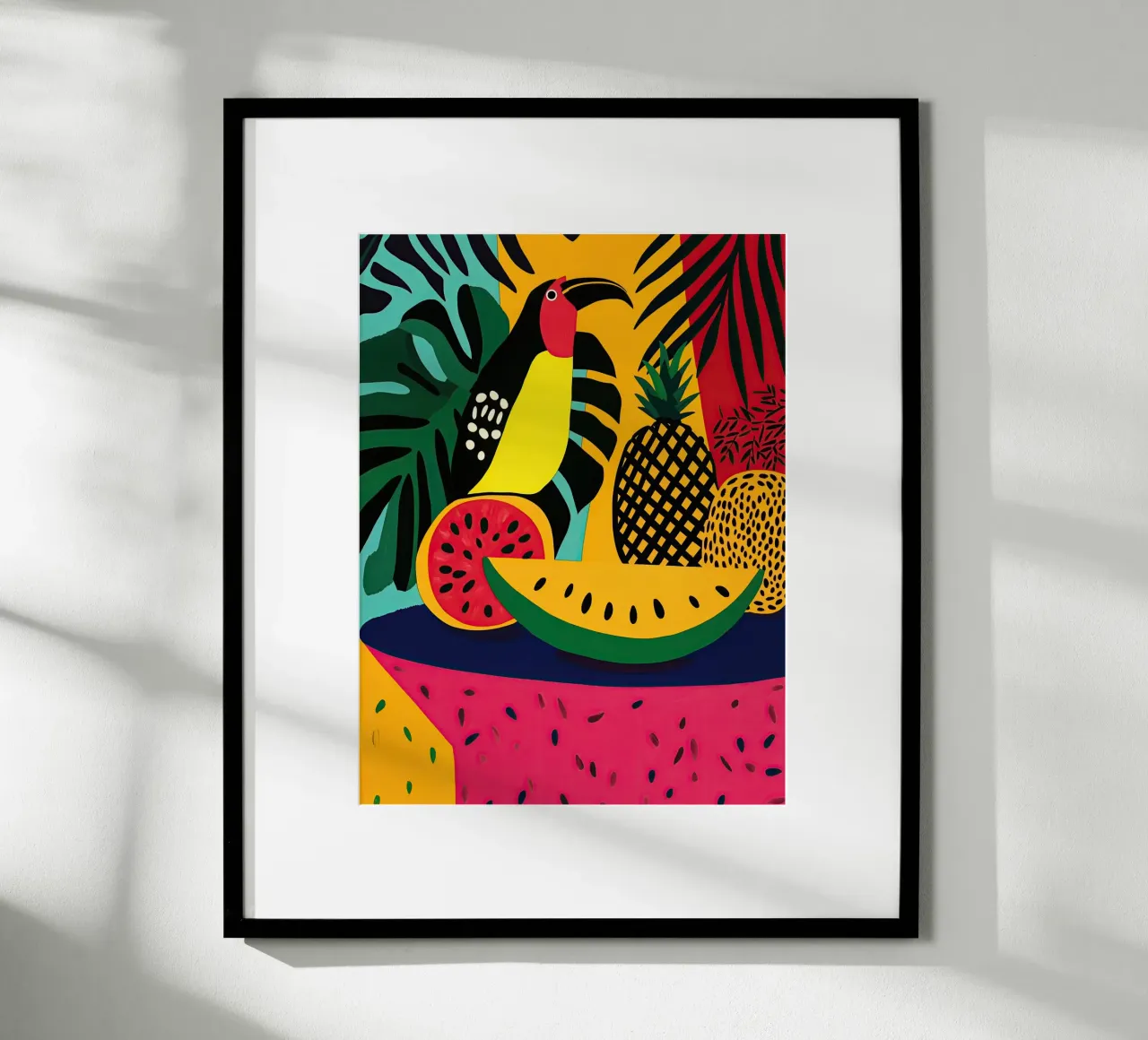 Natura morta tropicale fauvista con frutta e tucano poster da Autofocus