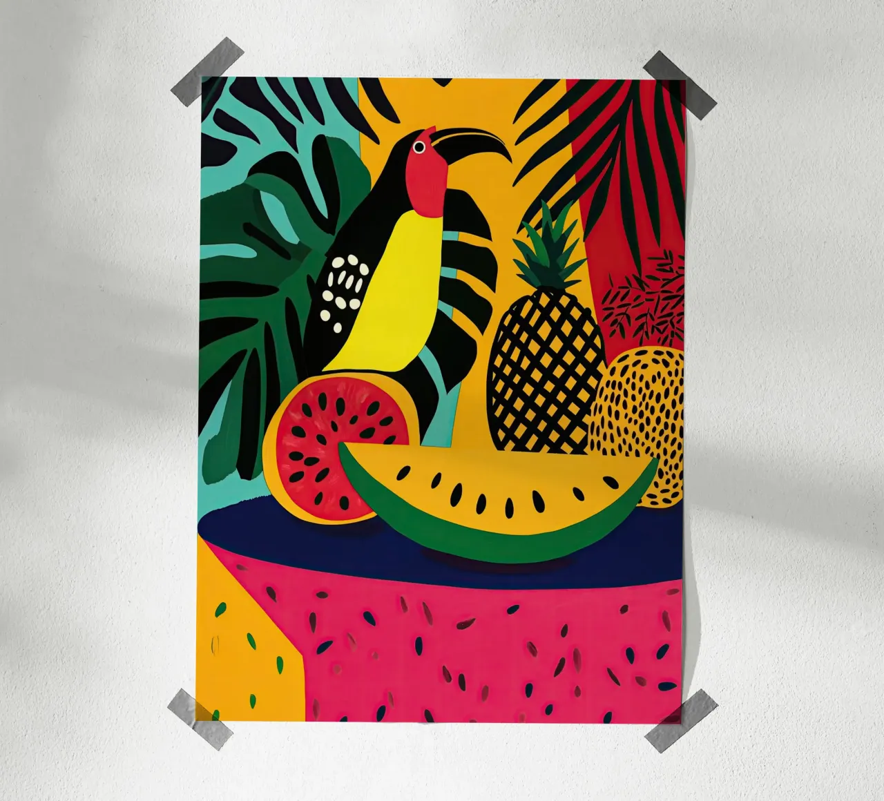 Natura morta tropicale fauvista con frutta e tucano poster da Autofocus