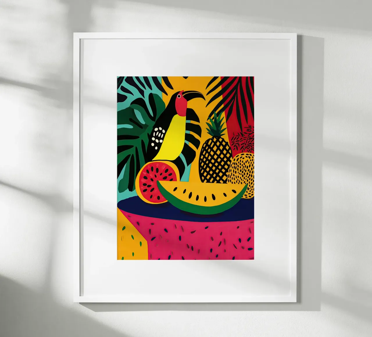 Natura morta tropicale fauvista con frutta e tucano poster da Autofocus