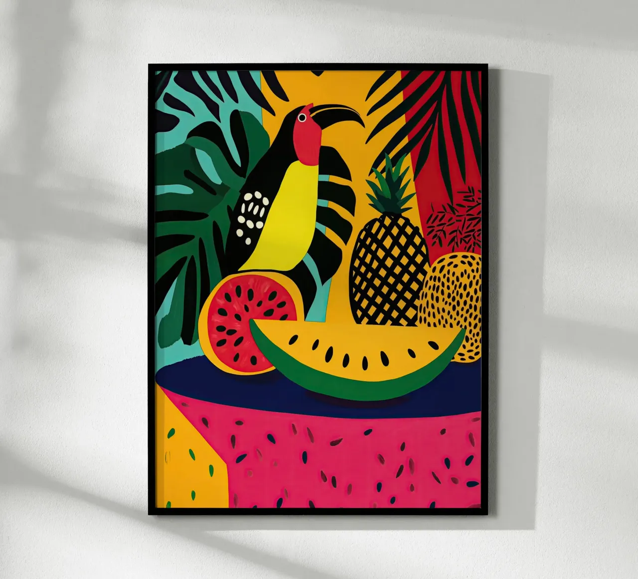 Natura morta tropicale fauvista con frutta e tucano poster da Autofocus