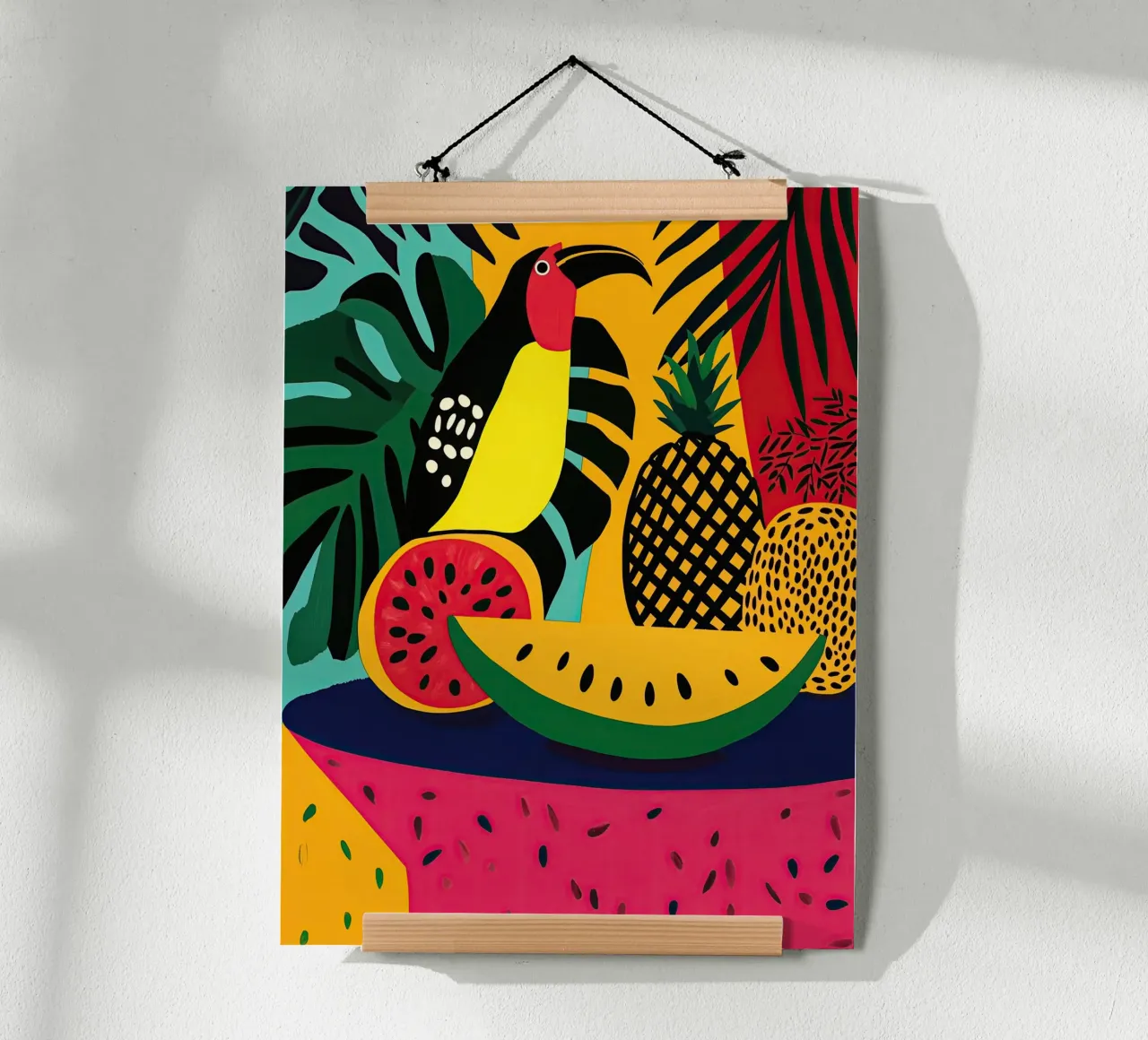 Natura morta tropicale fauvista con frutta e tucano poster da Autofocus