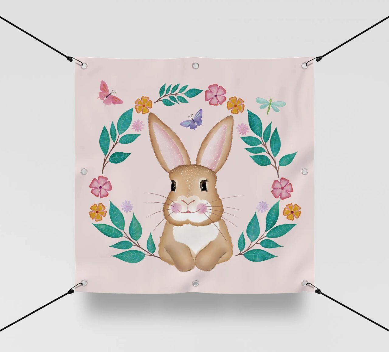Mignon petit lapin avec une couronne de fleurs, des papillons et une libellule. bâche pvc de CalliLetters