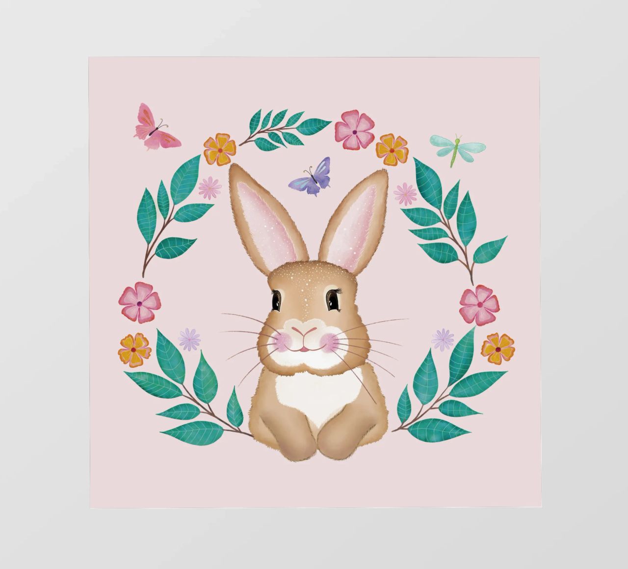 Mignon petit lapin avec une couronne de fleurs, des papillons et une libellule. bâche pvc de CalliLetters