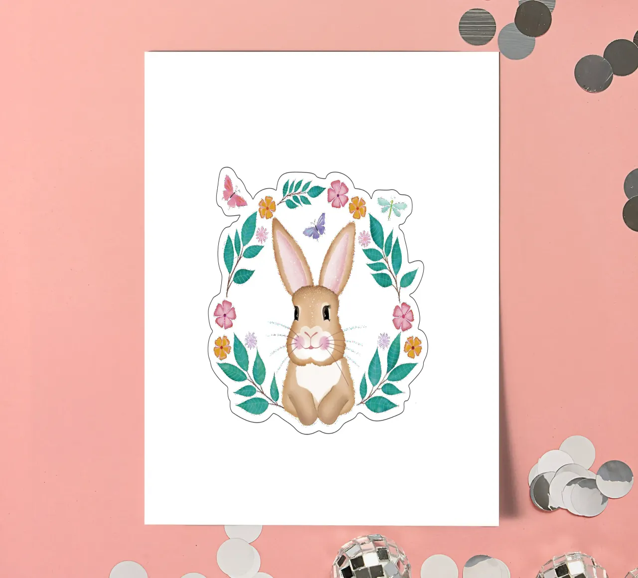 Mignon petit lapin avec une couronne de fleurs, des papillons et une libellule. planche autocollant de CalliLetters