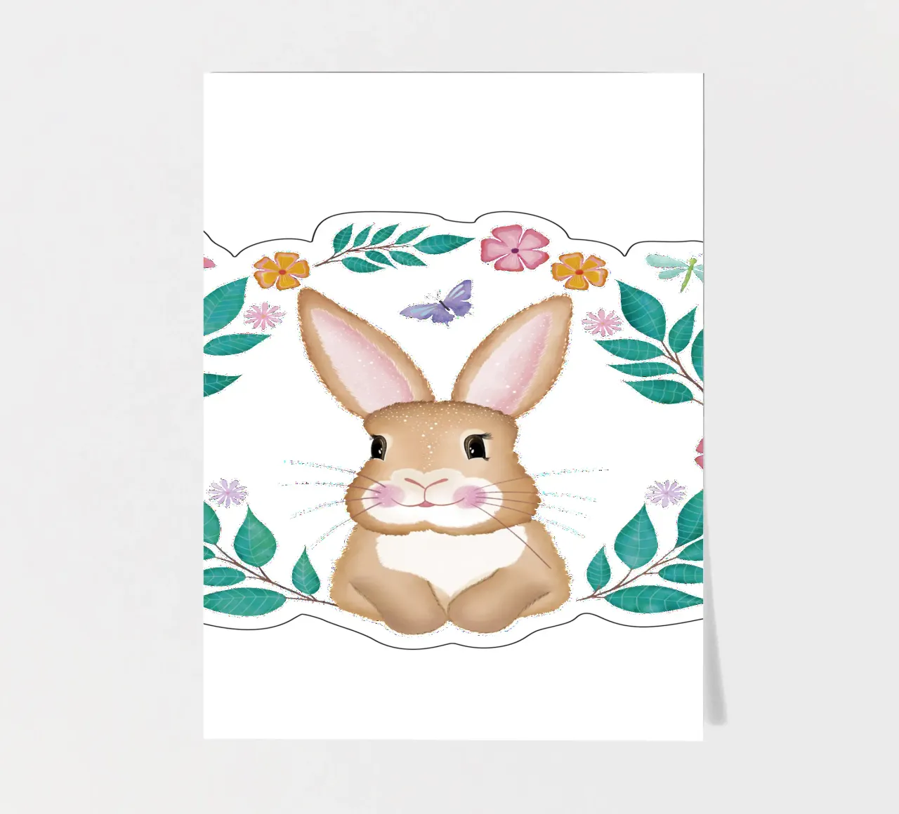 Mignon petit lapin avec une couronne de fleurs, des papillons et une libellule. planche autocollant de CalliLetters