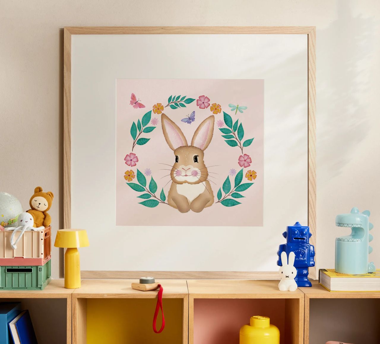 Süßes Häschen mit Blumenkranz, Schmetterlingen und Libelle. Poster von CalliLetters