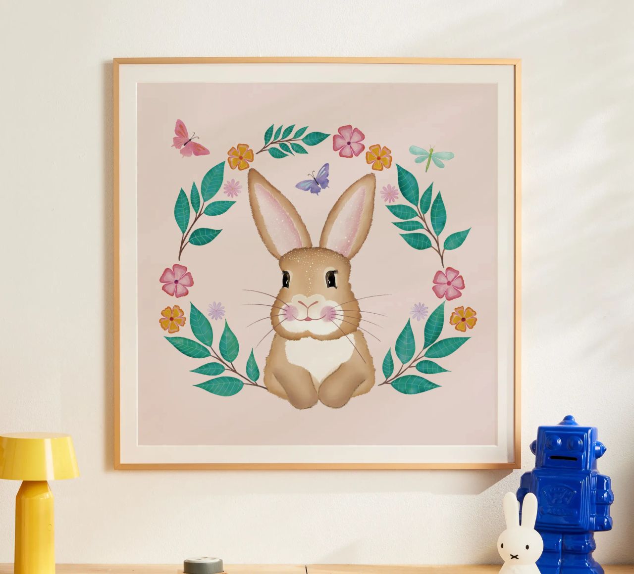 Süßes Häschen mit Blumenkranz, Schmetterlingen und Libelle. Poster von CalliLetters