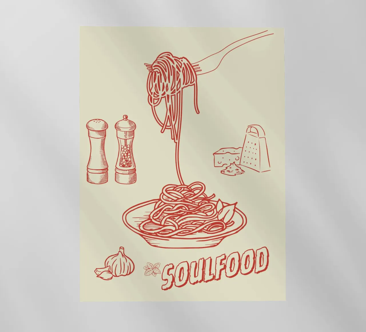 Pasta Art Print – Retro-Spaghetti mit Knoblauch & Käse pellicola backlit da Headless Monkeys