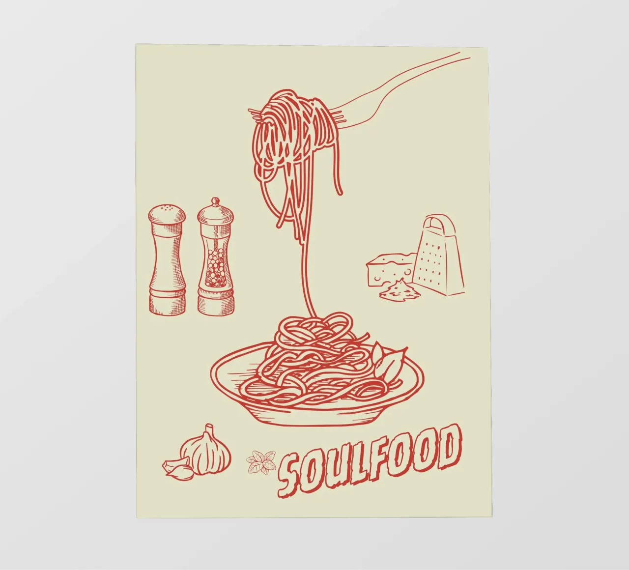 Pasta Art Print – Retro-Spaghetti mit Knoblauch & Käse telo in pvc da Headless Monkeys