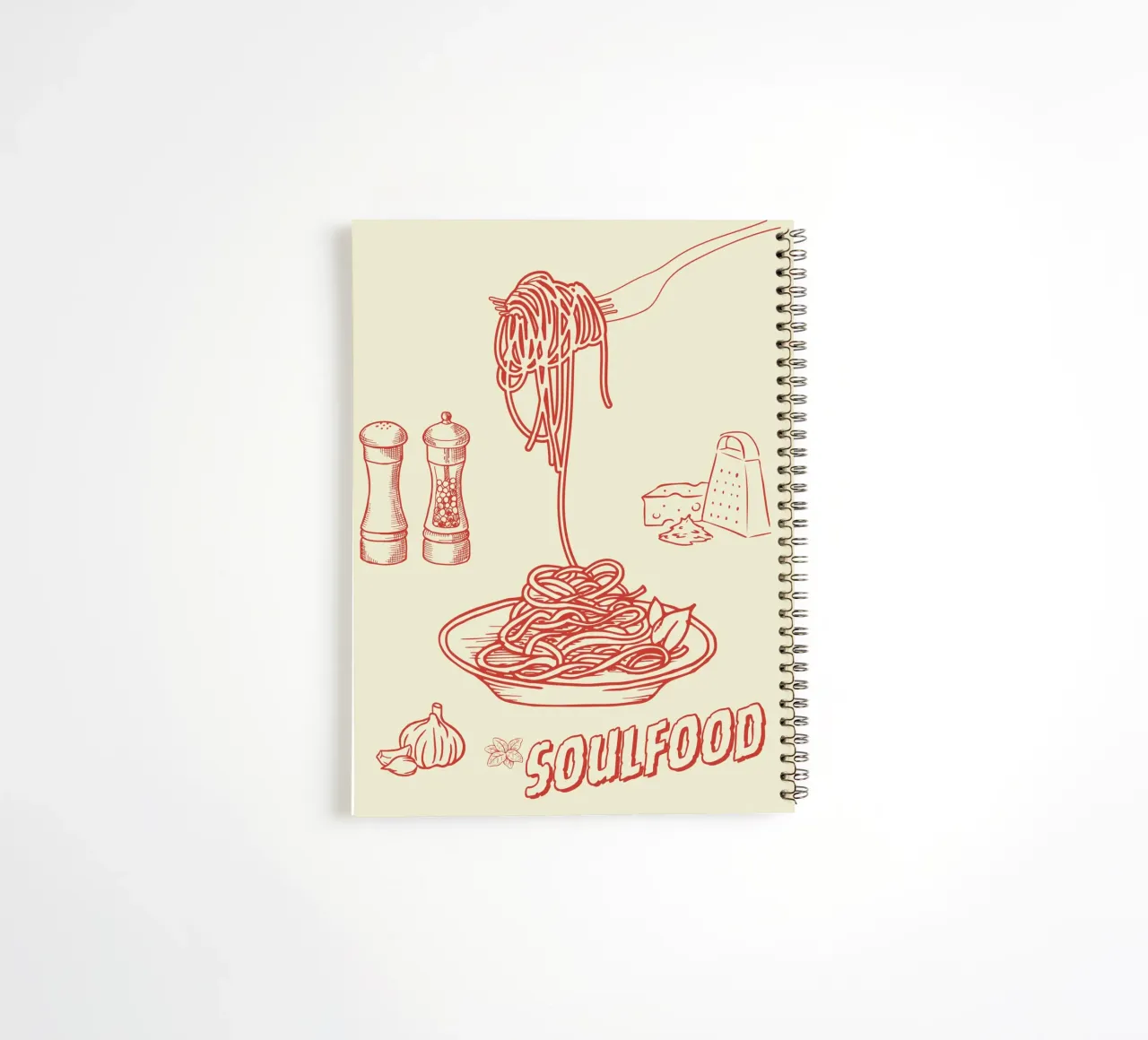 Pasta Art Print – Retro-Spaghetti mit Knoblauch & Käse spiral notebook by Headless Monkeys
