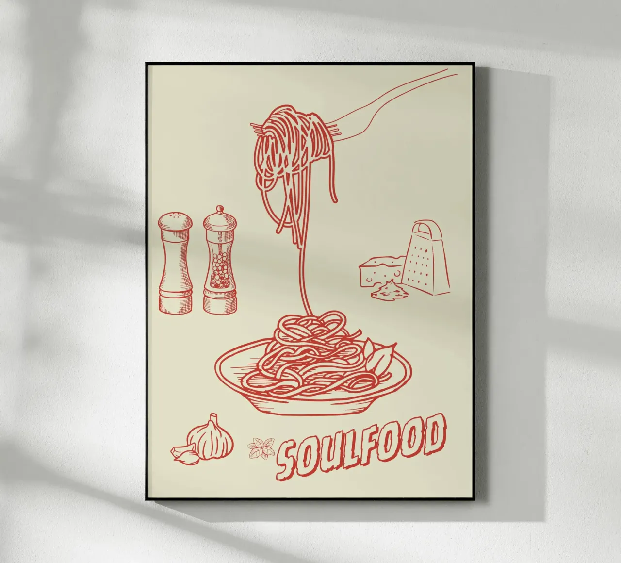 Pasta Art Print – Retro-Spaghetti mit Knoblauch & Käse acryl van Headless Monkeys
