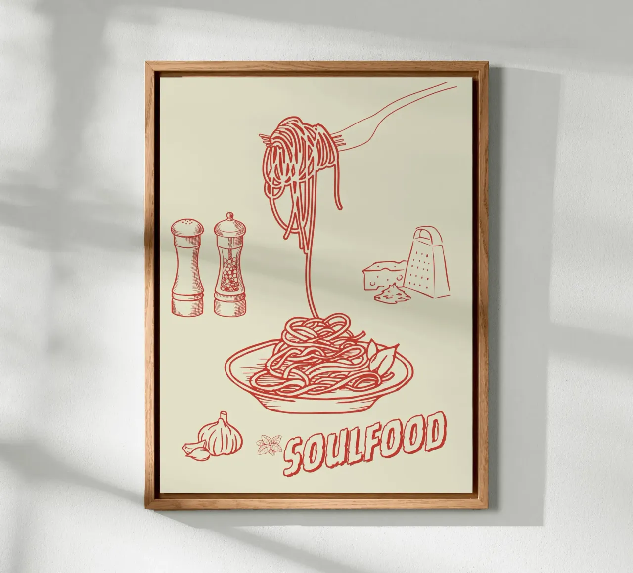 Pasta Art Print – Retro-Spaghetti mit Knoblauch & Käse alu-dibond by Headless Monkeys