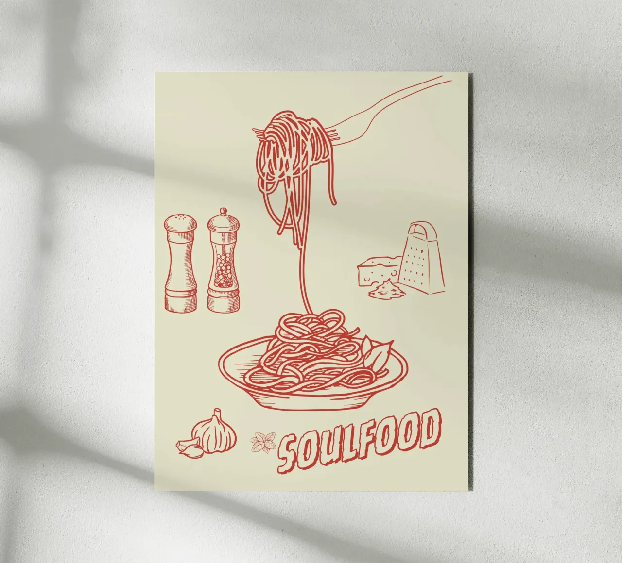 Pasta Art Print – Retro-Spaghetti mit Knoblauch & Käse alu-dibond by Headless Monkeys