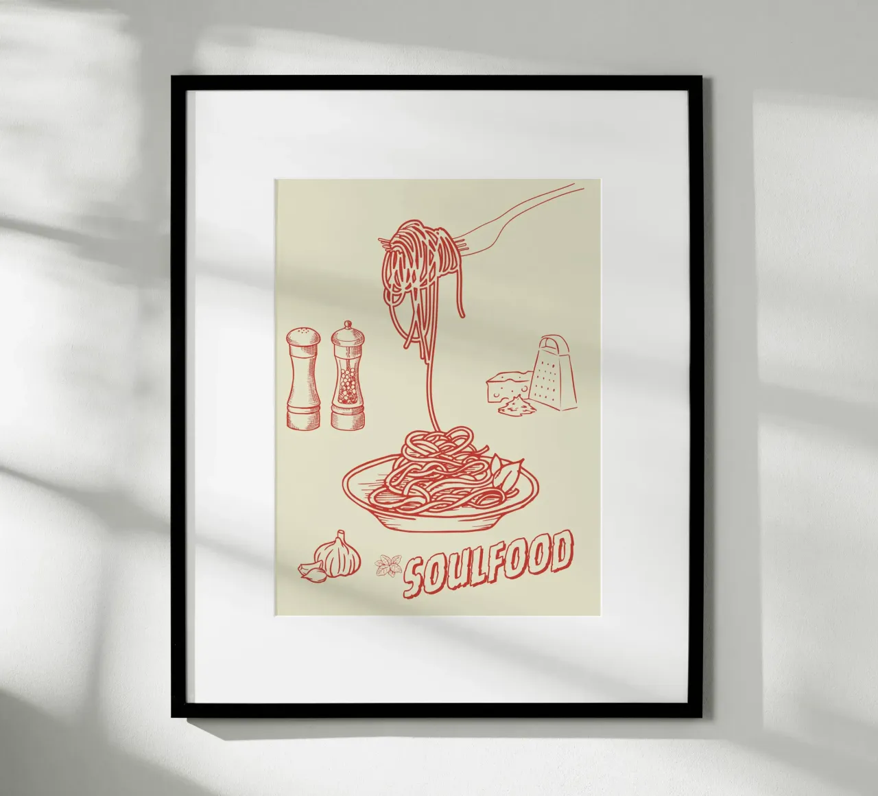 Pasta Art Print – Retro-Spaghetti mit Knoblauch & Käse Hahnemühle von Headless Monkeys