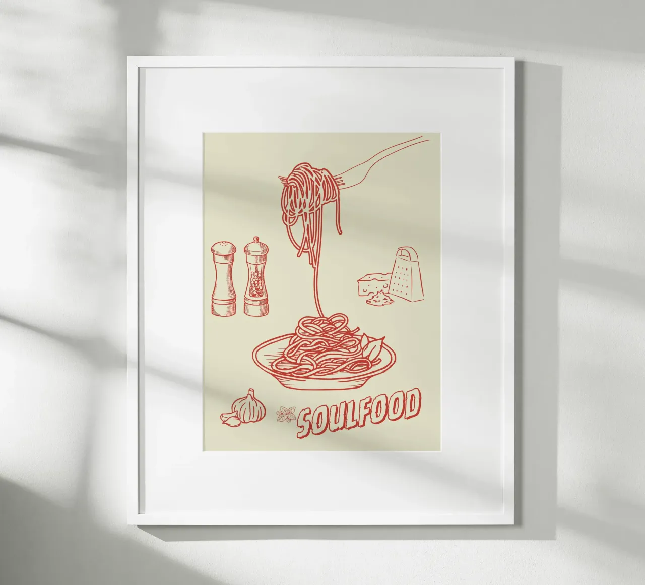 Pasta Art Print – Retro-Spaghetti mit Knoblauch & Käse Hahnemühle von Headless Monkeys
