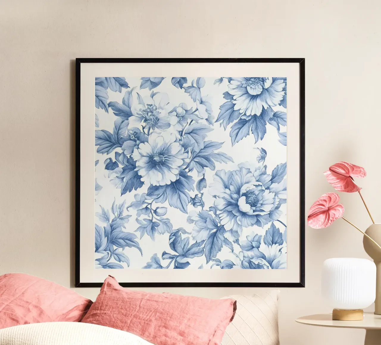 Motivo Toile francese blu poster con telaio in legno da Floral Decor & Stylish T-Shirts