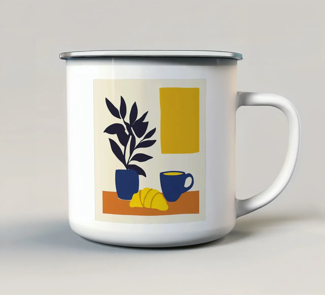 Natura morta minimalista: croissant e caffè tazza in smalto da studiofox