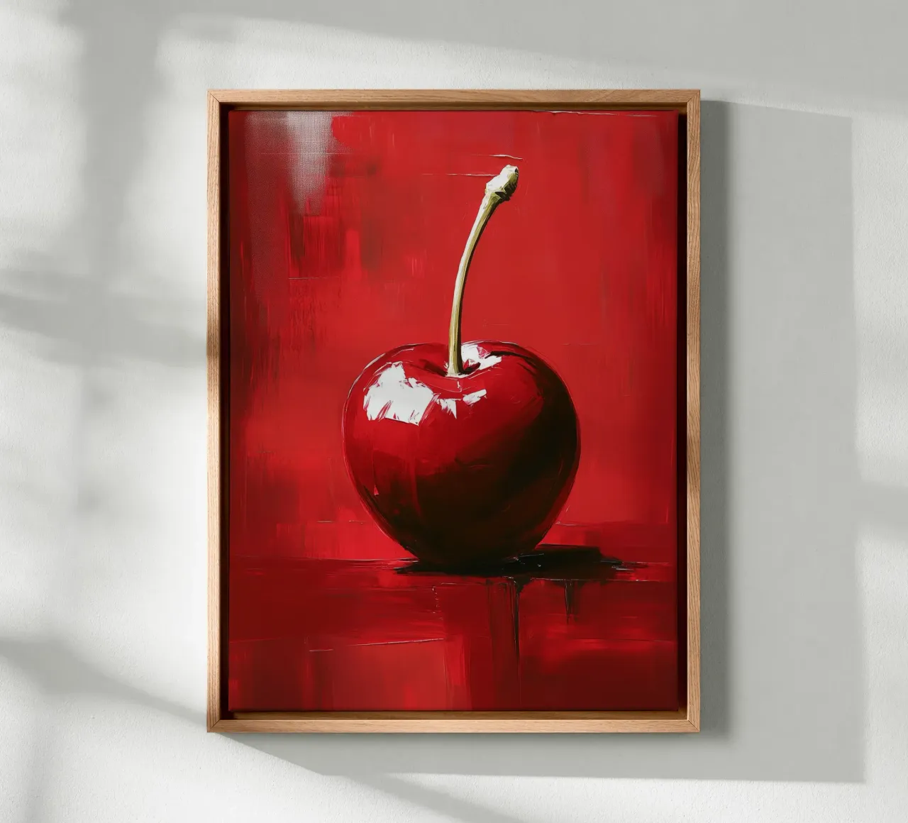 Bright cherry on a red background canvas with Floater frame by Spice & Style