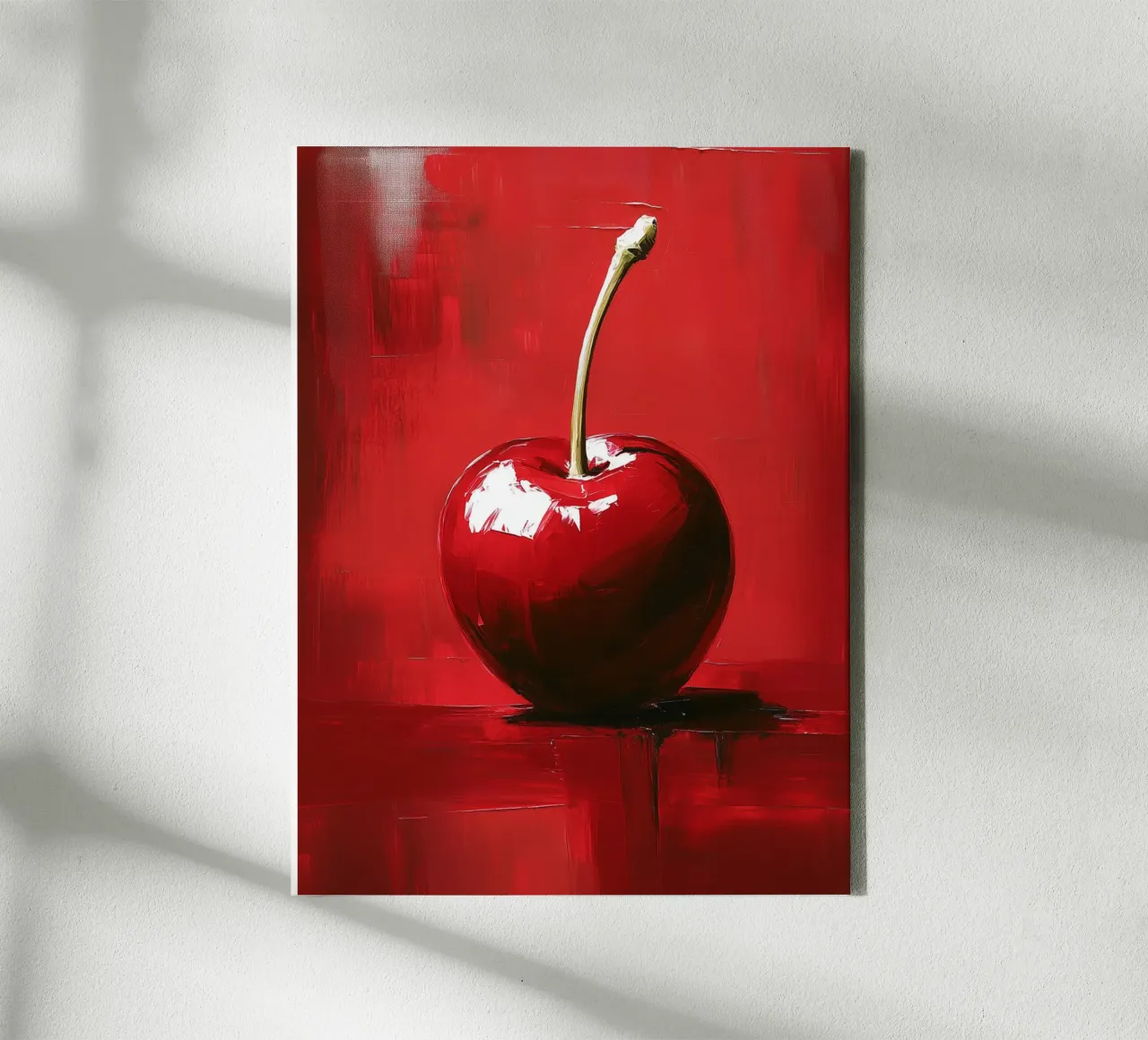Bright cherry on a red background canvas with Floater frame by Spice & Style