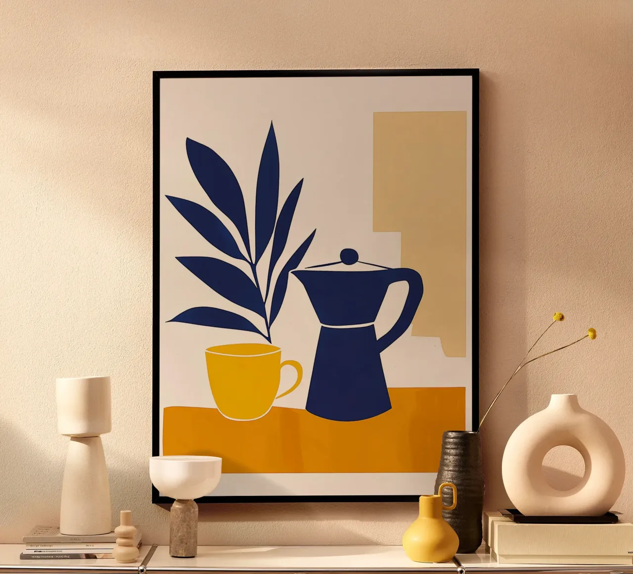 Nature morte minimaliste : cafetiere moka et tasse de café poster con telaio in plastica da studiofox