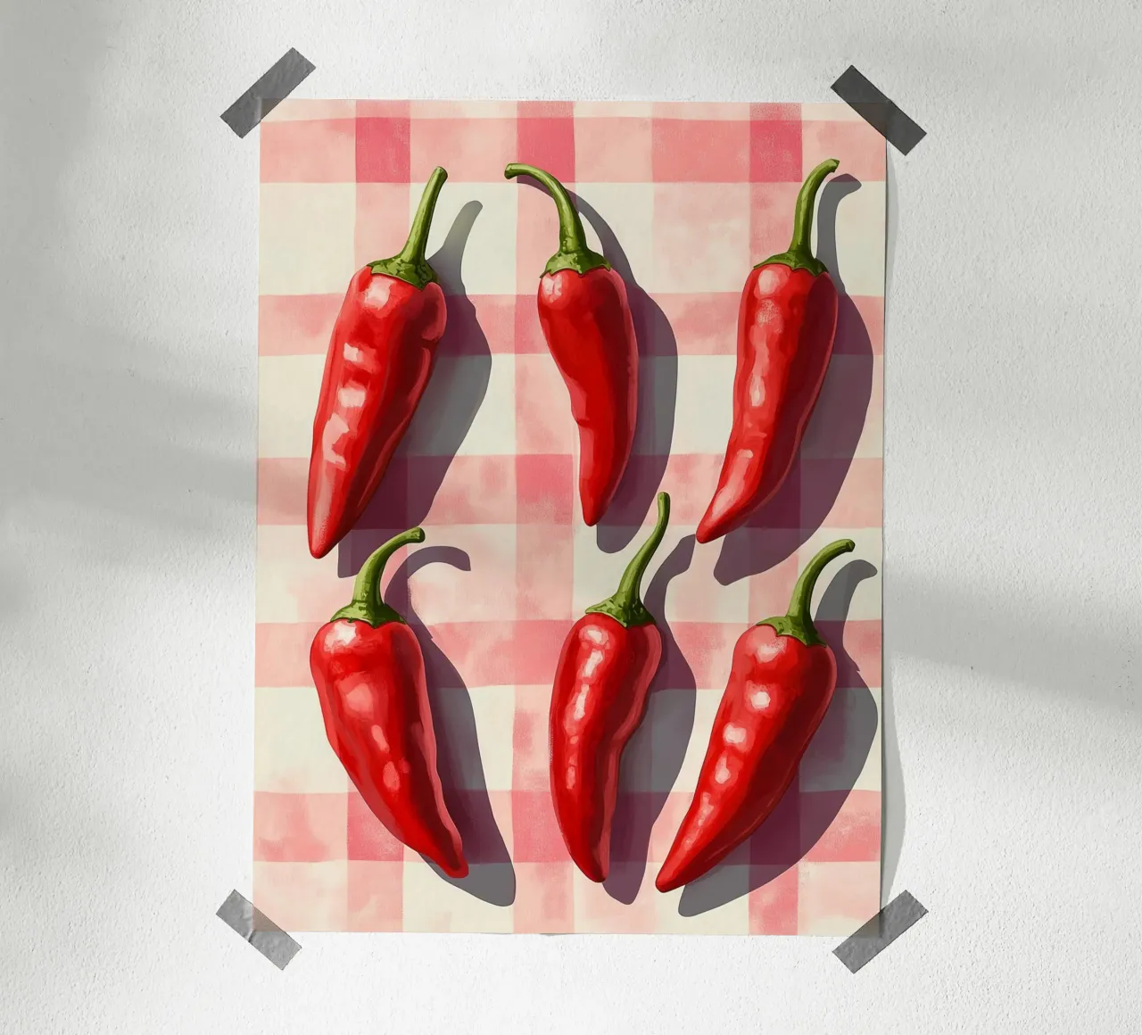 Rote Paprika auf Vichykaro-Tischdecke Poster von Spice & Style