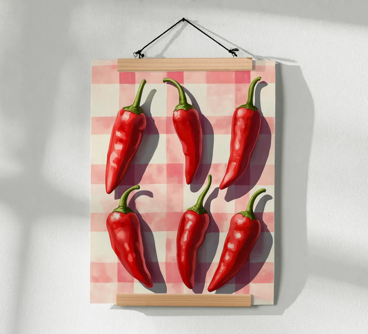 Rote Paprika auf Vichykaro-Tischdecke Poster von Spice & Style