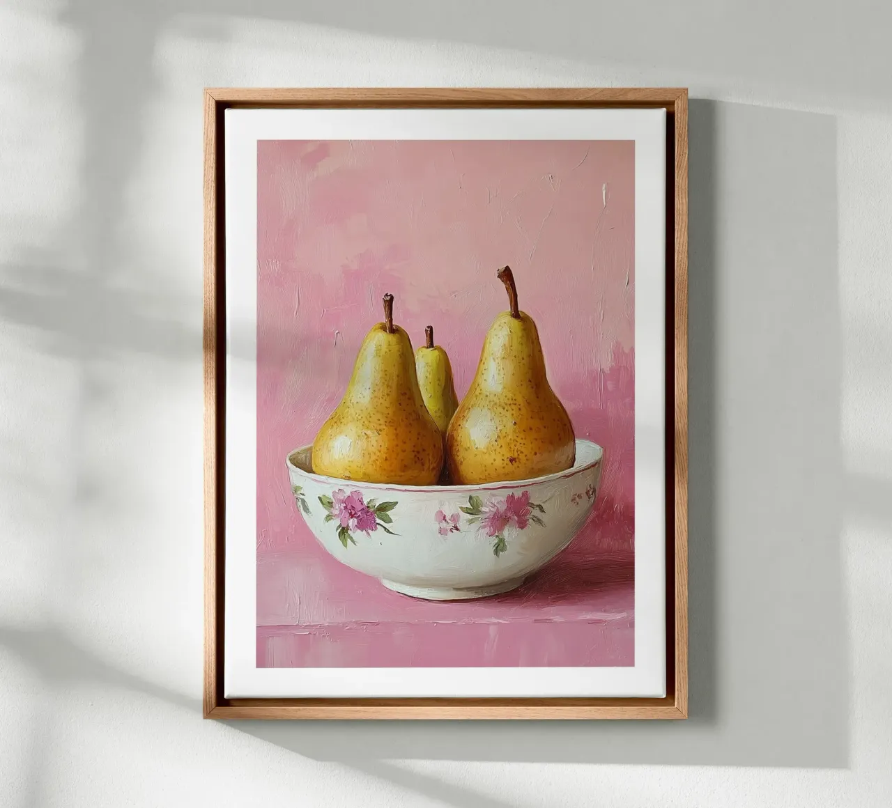 Schaal met peren op roze achtergrond canvas met Baklijst van Spice & Style