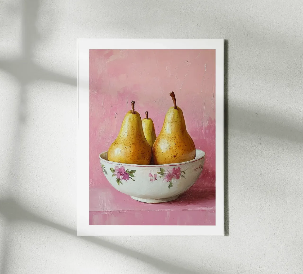 Schaal met peren op roze achtergrond canvas met Baklijst van Spice & Style