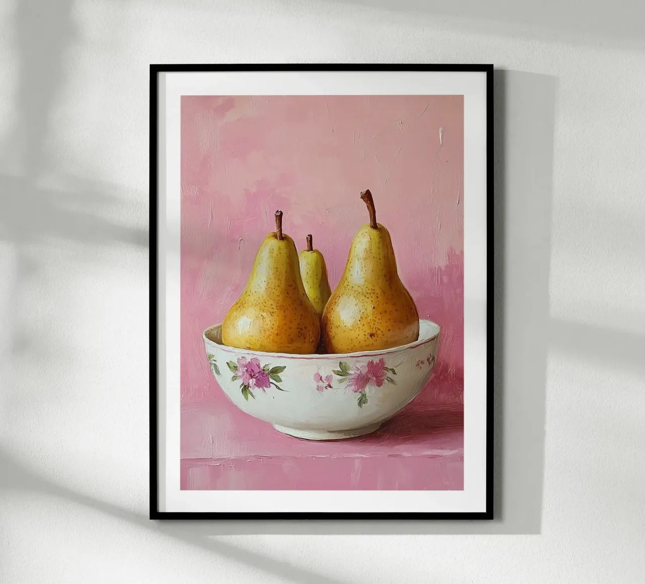 Ciotola di pere su sfondo rosa poster con telaio in plastica da Spice & Style