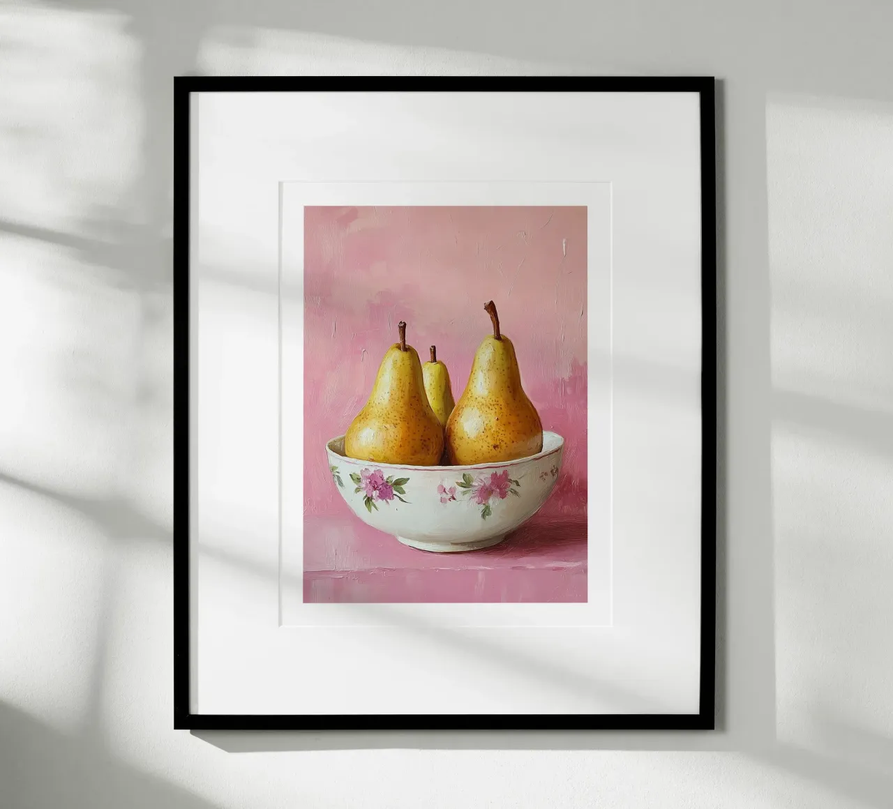 Ciotola di pere su sfondo rosa poster con telaio in plastica da Spice & Style
