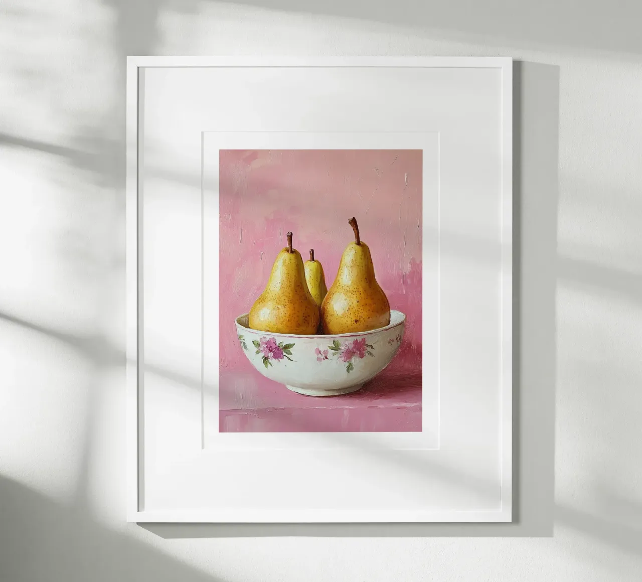 Ciotola di pere su sfondo rosa poster con telaio in plastica da Spice & Style