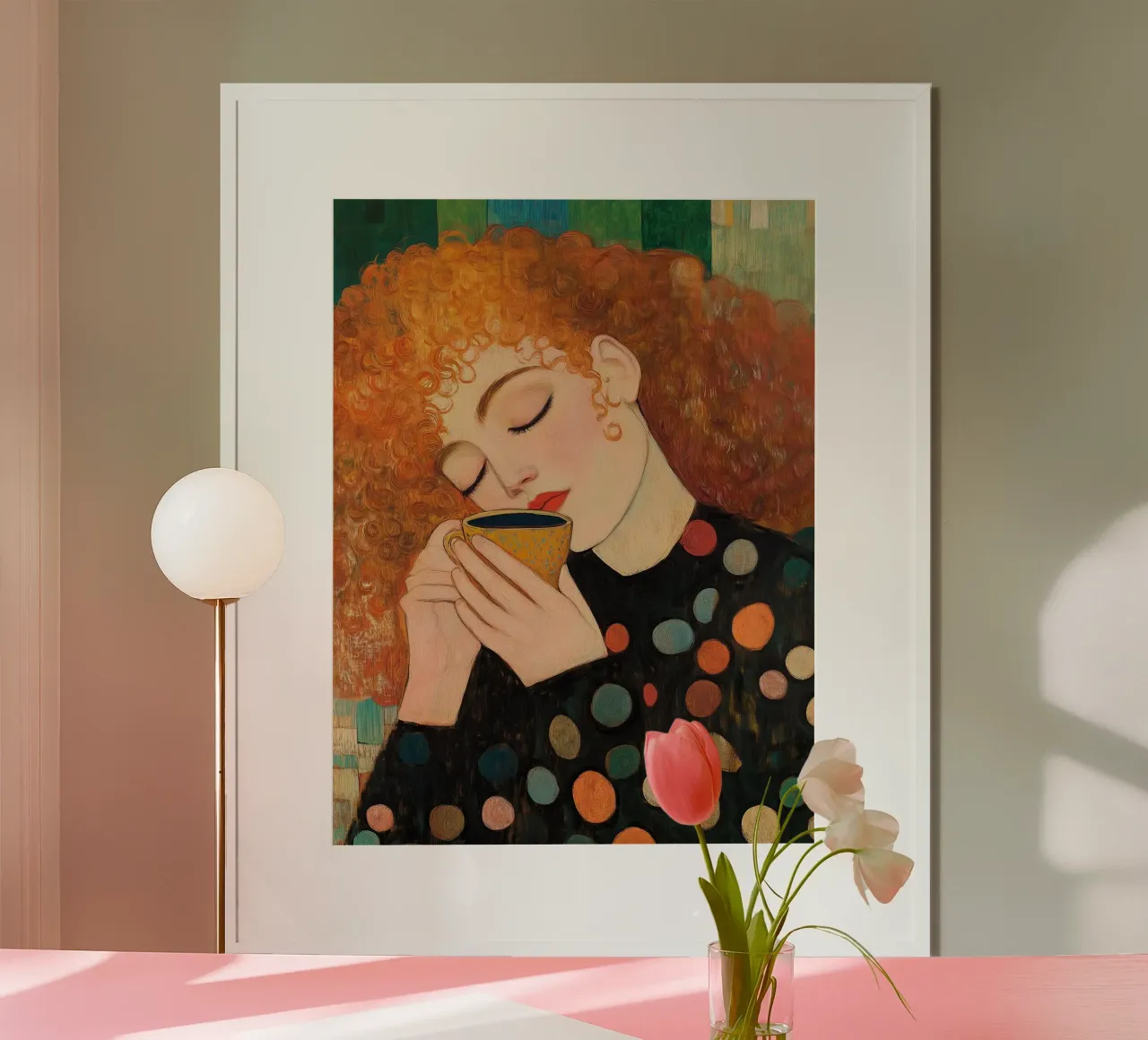 Caffè e ragazza ispirati a Gustav Klimt Eleganti fiori astratti poster da Kaji