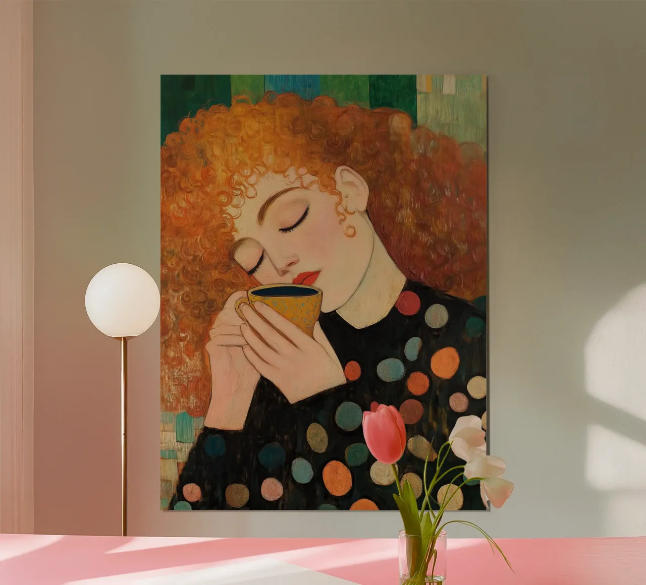Caffè e ragazza ispirati a Gustav Klimt Eleganti fiori astratti poster da Kaji