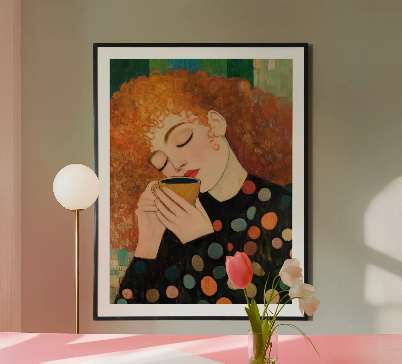 Caffè e ragazza ispirati a Gustav Klimt Eleganti fiori astratti poster da Kaji