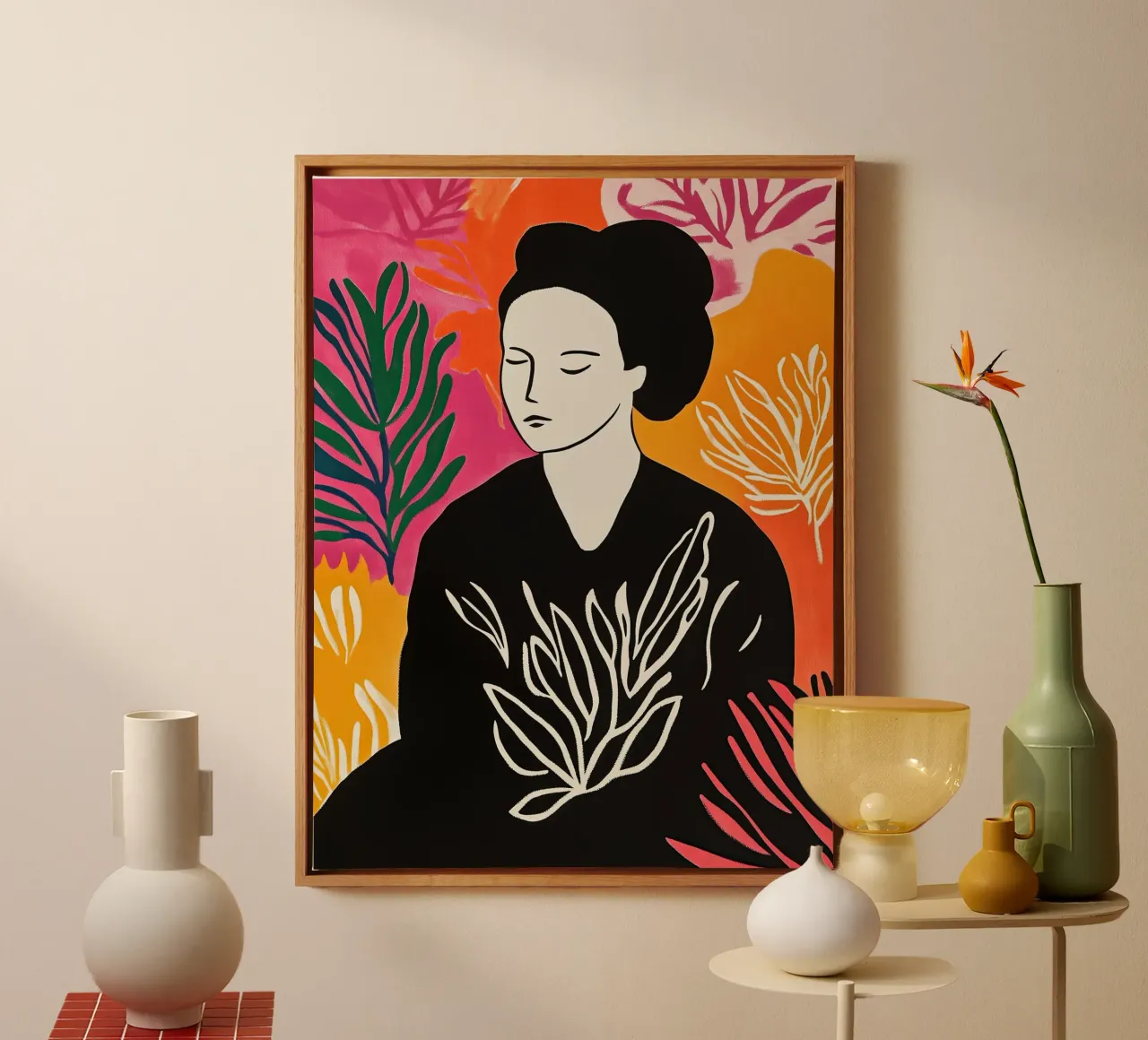 Vrouw in de tuin | Meditatie in de stijl van Matisse canvas met Baklijst van Autofocus