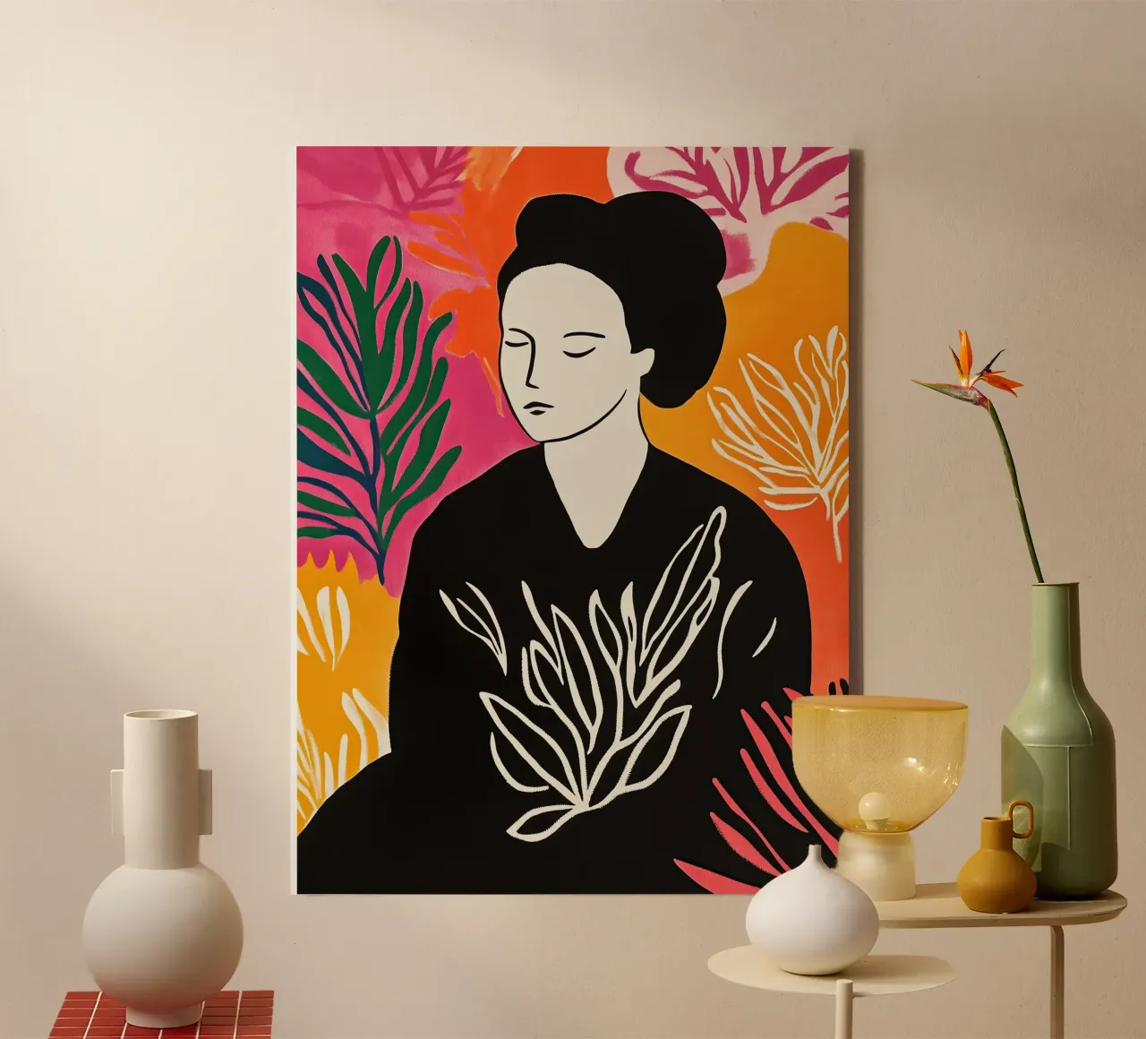 Vrouw in de tuin | Meditatie in de stijl van Matisse canvas met Baklijst van Autofocus