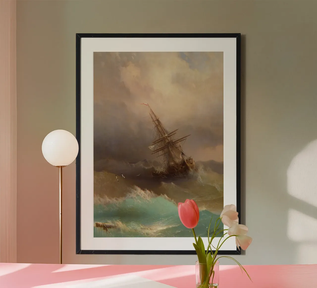 Ivan Aivazovsky - Un navire dans une mer agitée poster avec cadre en aluminium de William Store