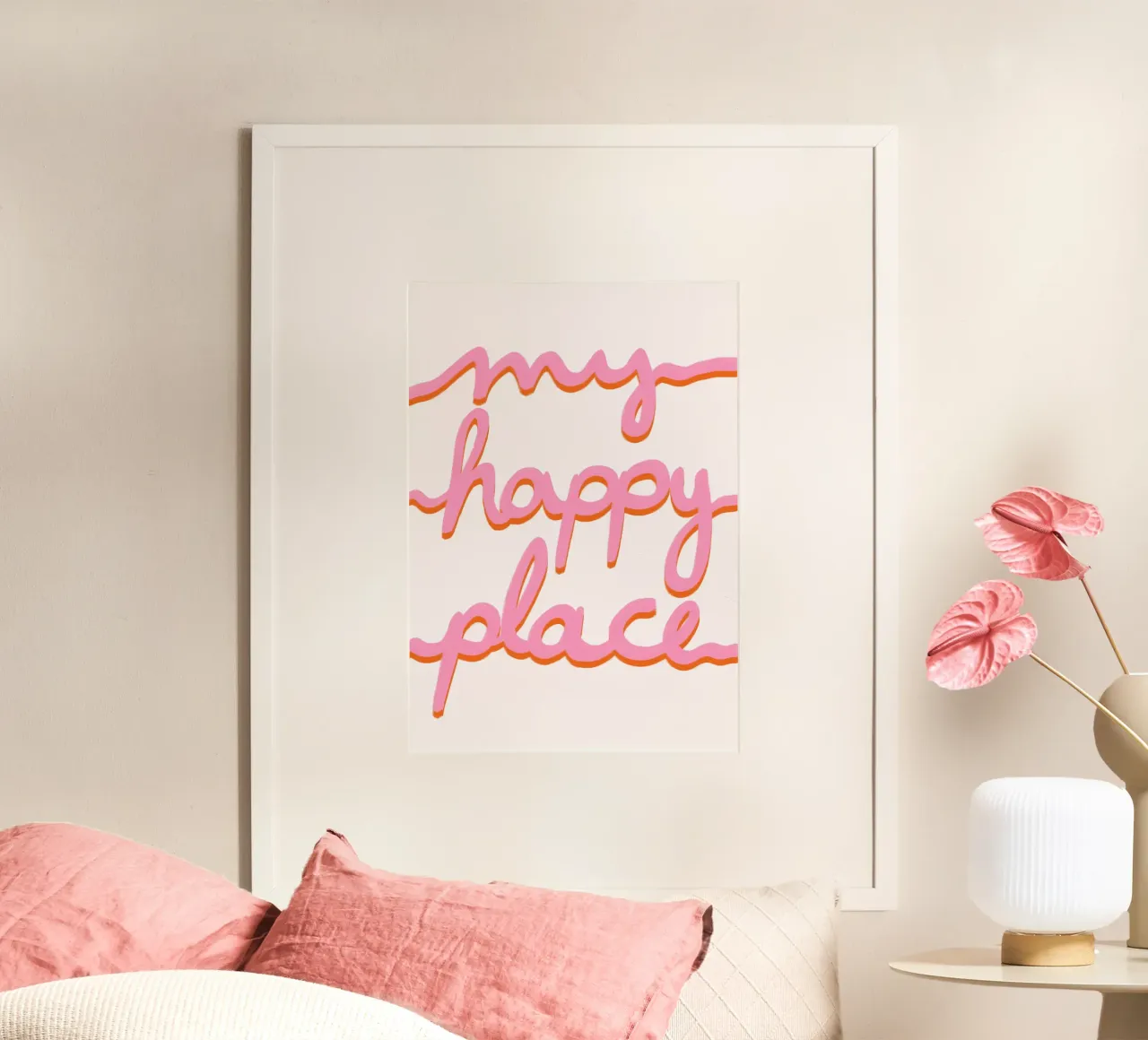 My happy place pink orange poster con telaio in alluminio da BAINAI