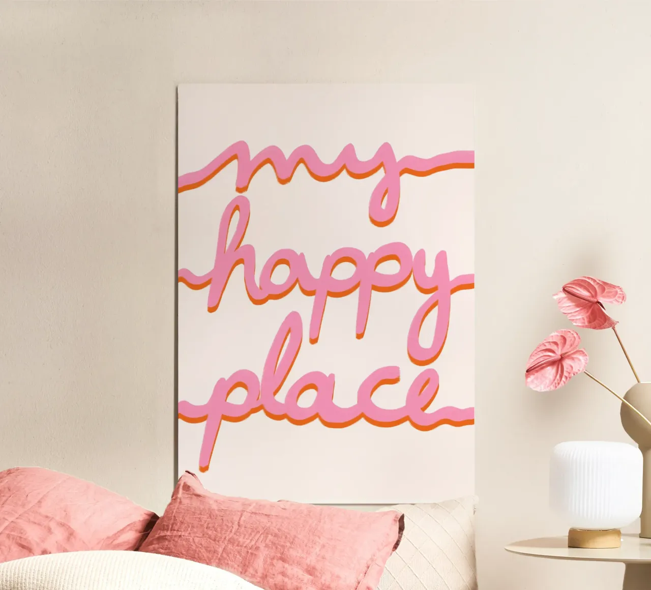 My happy place pink orange poster con telaio in alluminio da BAINAI