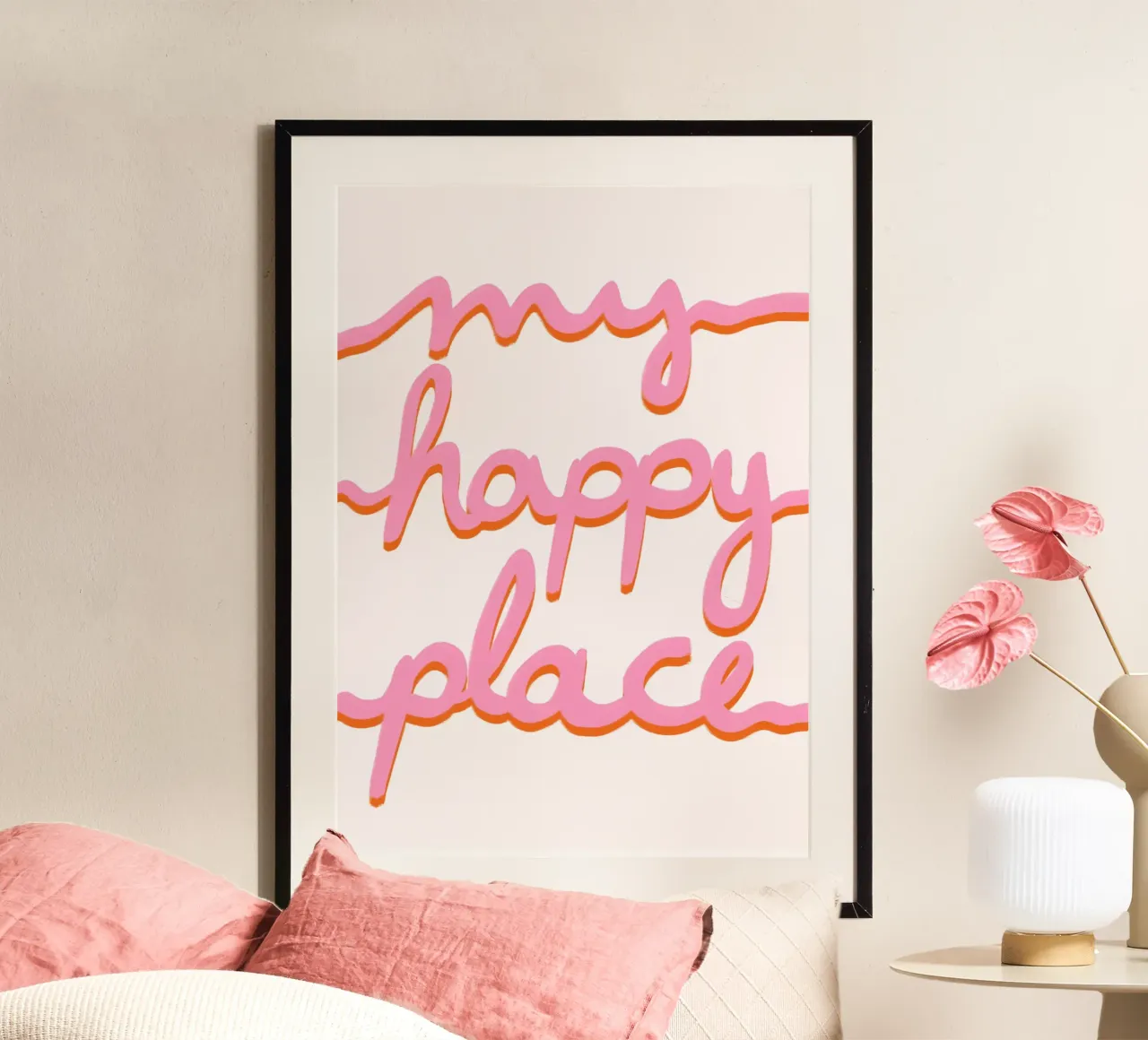 My happy place pink orange poster con telaio in alluminio da BAINAI