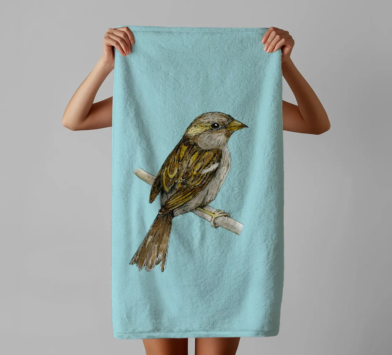 House sparrow colored ink drawing towel by BwiseLizzy