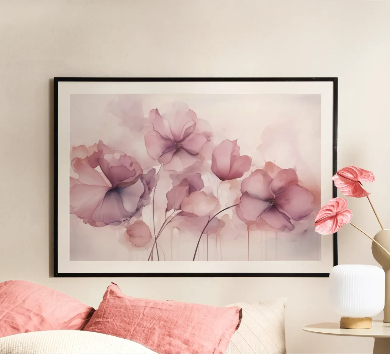 Fiori d'inchiostro sognanti rosa pastello poster con telaio in alluminio da Andrea Haase Floral Passion