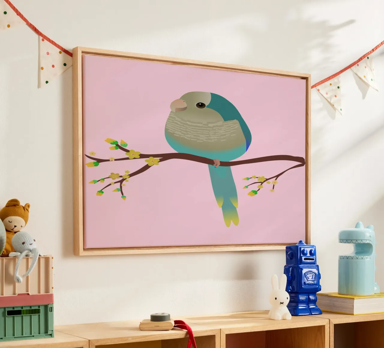 Niedlicher eiförmiger blauer Quäkersittich oder Mönchssittich Leinwand mit Schattenfugenrahmen von BwiseLizzy